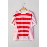 Pink Stripe Patchwork Round Neck Side Split Loose T Shirt - S thumbnail