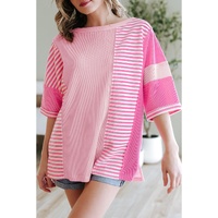 Pink Stripe Color Block Patchwork Loose Half Sleeve T Shirt - L thumbnail
