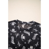 Black Western Pattern Mesh Sheer Crew Neck T Shirt - L thumbnail