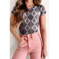 Blue Western Aztec Print Mesh Slim T Shirt - L thumbnail