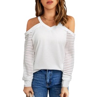 Azura Exchange Cut-out Cold Shoulder Mesh Striped Long Sleeve T-shirt - M thumbnail