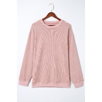 Pink Solid Ribbed Knit Round Neck Pullover Sweatshirt - M thumbnail