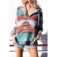 Multicolor Aztec Print Zipped Split Neck Hoodie - S thumbnail