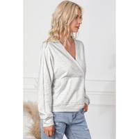 Gray Contrast Trim V Neck Wrap Sweatshirt with Pocket - L thumbnail