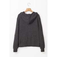 Dark Grey Ribbed Zip Up Front Drawstring Hoodie - L thumbnail
