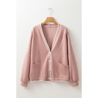 Pink Stripe Contrast Trim V Neck Buttoned Front Pocketed Knit Cardigan - L thumbnail