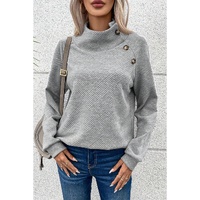 Gray Asymmetric Buttons Detail High Neck Textured Sweatshirt - XL thumbnail