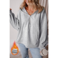 Light Grey Fleece Lined Half Zipper Kangaroo Pockets Loose Hoodie - 2XL thumbnail