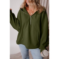 Moss Green Fleece Lined Half Zipper Kangaroo Pockets Loose Hoodie - 2XL thumbnail