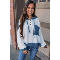 White Corded Colorblock Patch Pocket Drawstring Hooded Top - M thumbnail