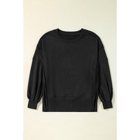 Black Exposed Seam Drop Shoulder Round Neck Sweatshirt with Slits - S thumbnail