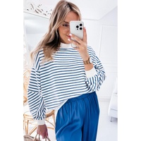 Blue Stripe Drop Shoulder Crew Neck Loose Sweatshirt - L thumbnail