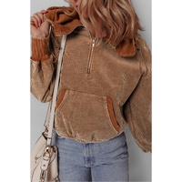 Chestnut Half Zipper Kangaroo Pocket Drawstring Corduroy Hoodie - L thumbnail