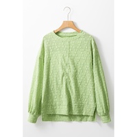 Light Green Solid Color Textured Side Split Crew Neck Blouse - L thumbnail
