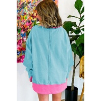 Light Blue Colorblock Patchwork Crew Neck Loose Sweatshirt - L thumbnail