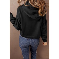 Black Solid Drop Shoulder Drawstring Cropped Hoodie - L thumbnail