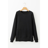 Black Drop Shoulder Crisscross Stitching Pocketed Loose Sweatshirt - L thumbnail