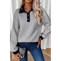Light Grey Textured Colorblock Edge Buttoned Collar Sweatshirt - L thumbnail