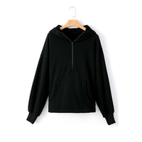 Black Solid Kangaroo Pocket Half Zipper Oversized Hoodie - L thumbnail
