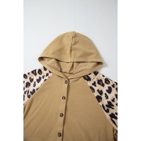 Light French Beige Leopard Print Patchwork Raglan Sleeve Half Buttons Hoodie - L thumbnail