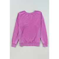 Bright Pink Solid Color Notched Neck Drop Shoulder Sweatshirt - 2XL thumbnail