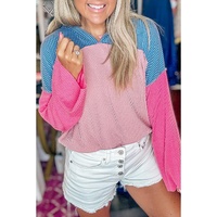 Pink Color Block Patchwork Corded Knit Loose Fit Hooded Blouse - L thumbnail