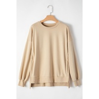 Parchment Solid O Neck High Low Hem Pullover Sweatshirt - L thumbnail