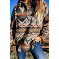 Brown Western Aztec Collared Button-up Sweatshirt - S thumbnail
