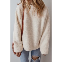 White Solid Fleece High Neck Drop Shoulder Pullover Sweatshirt - L thumbnail