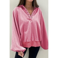 Pink Solid Snap Buttons Collared Balloon Sleeve Oversized Sweatshirt - L thumbnail