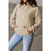 Khaki Checkered Print Kangaroo Pocket Drawstring Hoodie - L thumbnail