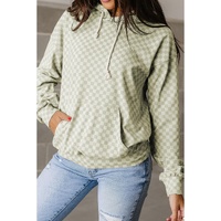 Green Checkered Print Kangaroo Pocket Drawstring Hoodie - L thumbnail