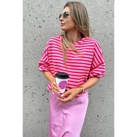 Sachet Pink Striped Print Crew Neck Drop Shoulder Sweatshirt - L thumbnail