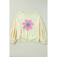 Beige Tinsel Flower Dropped Puff Sleeve Sweatshirt - XL thumbnail