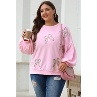 Light Pink Embroidered Bow Lantern Sleeve Oversized Pullover Sweatshirt - 2XL thumbnail