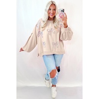 Parchment Embroidered Bow Lantern Sleeve Oversized Pullover Sweatshirt - L thumbnail
