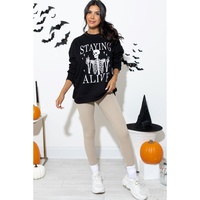 Black STAYING ALIVE Skull Graphic Crewneck Halloween Sweatshirt - L thumbnail