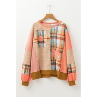 Multicolour Waffle Knit Plaid Patchwork Side Slits Loose Sweatshirt - S thumbnail