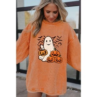 Orange Halloween Ghost Pumpkin Bat Print Corded Pullover Sweatshirt - L thumbnail
