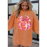 Orange Bow Pumpkin Graphic Crewneck Corded Thanksgiving Sweatshirt - L thumbnail