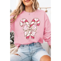 Pink Christmas Bow Candy Cane Graphic Drop Shoulder Crew Neck Sweatshirt - S thumbnail