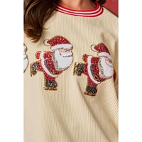 Beige Santa Skiing Graphic Striped Trim Corded Sweatshirt - L thumbnail
