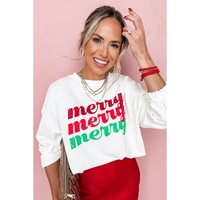 Beige merry merry merry Printed Christmas Sweatshirt - S thumbnail