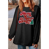 Black Merry & Bright Christmas Tree Pattern Corded Baggy Sweatshirt - 3XL thumbnail