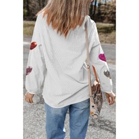 White Valentines Heart Patched Pattern Corded Pullover Sweatshirt - L thumbnail