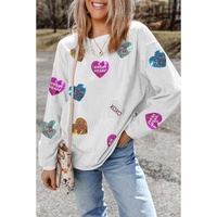 White Valentines Slogan Heart Sequin Corded Baggy Sweatshirt - S thumbnail