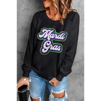 Black Mardi Gras Chenille Patched Graphic Drop Shoulder Sweatshirt - L thumbnail