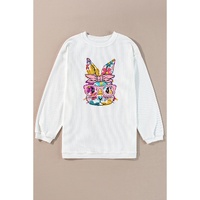 White Floral Rabbit with Glasses Graphic Corded Easter Sweatshirt - L thumbnail