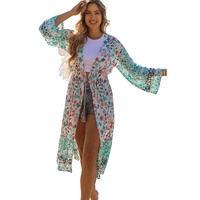 Multicolor Long Sleeve Tassel Tie Floral Kimono - L thumbnail