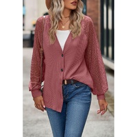 Azura Exchange Waffled Knit Lace Long Sleeve Buttoned Cardigan - L thumbnail